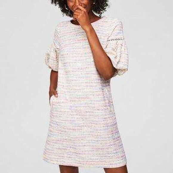 LOFT Balloon Sleeve Striped Colorful Boucle Tweet Shift Dress Small - Picture 2 of 9